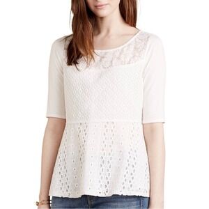 TINY Anthropologie White Embroidered Cottagecore Lace Eyelet Peplum Top Size M